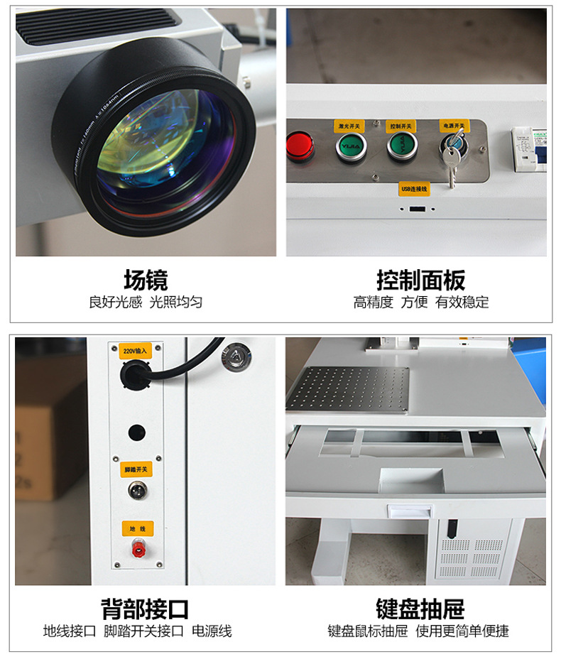 臺(tái)式小型光纖激光打碼機(jī)的場(chǎng)鏡、控制面板、背部接口、鍵盤(pán)抽屜展示圖